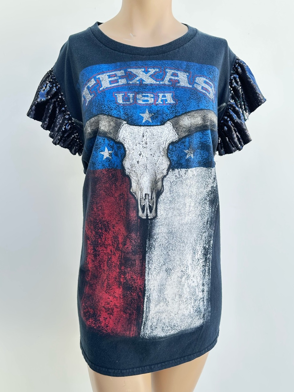 Distressed Texas USA Graphic Tee with Sequin Ruffle Sleeves